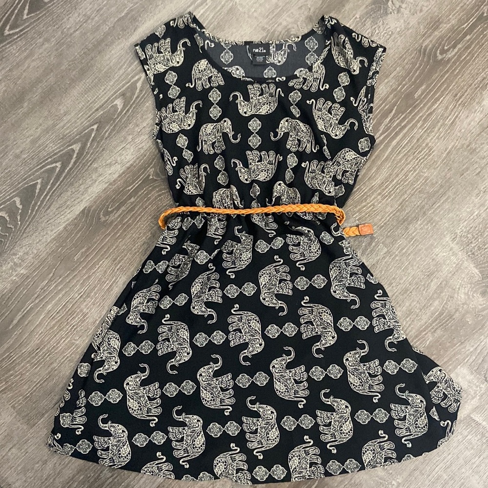 Short Sleeve Black Elephant Dress With Adjustable Brown Belt.
